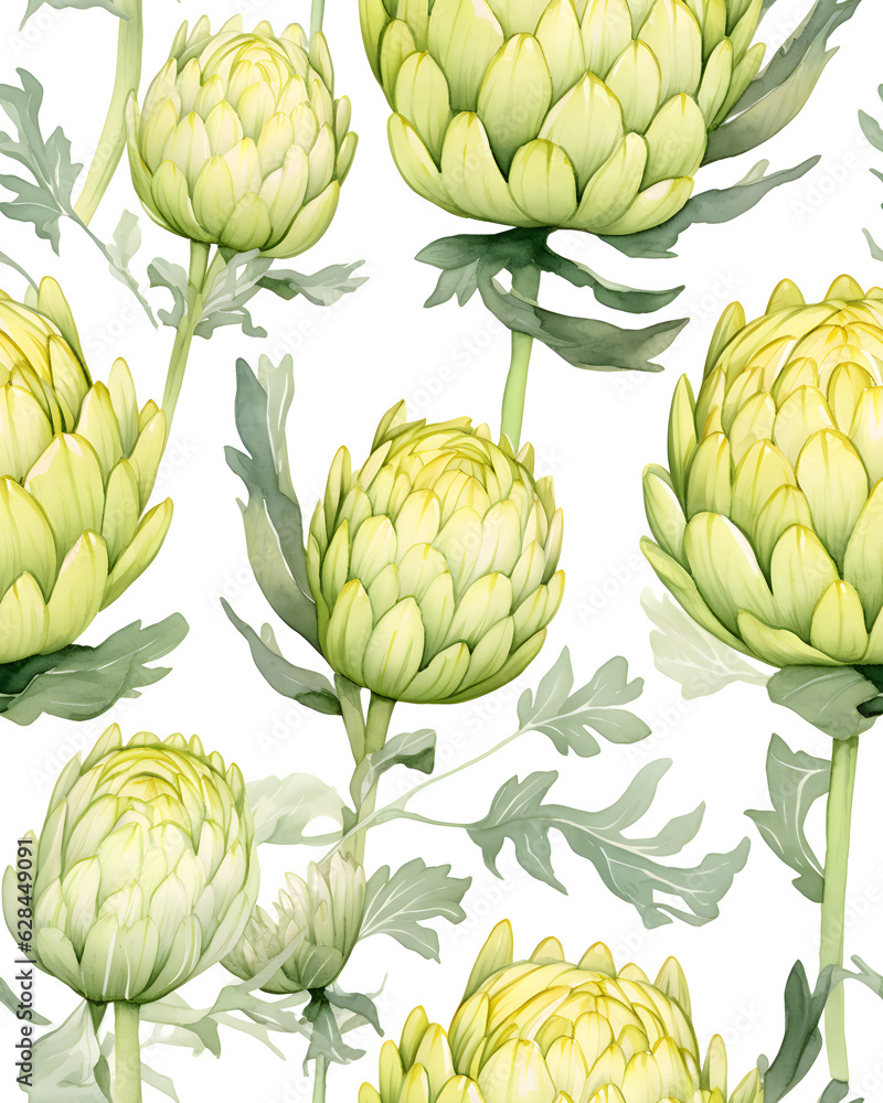 Fototapeta premium Artichoke tileable watercolor hand drawn seamless pattern created with Generative AI technology