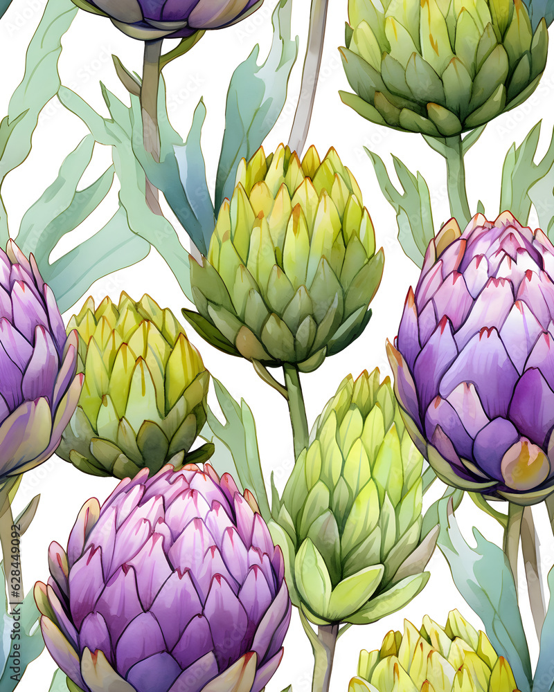 Fototapeta premium Artichoke tileable watercolor hand drawn seamless pattern created with Generative AI technology