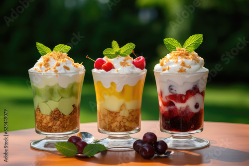 Assorted fruit desserts with whipped cream and granola in a glass on green leaves background
