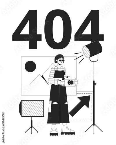 Photo studio black white error 404 flash message. Asian woman photographer freelance work. Monochrome empty state ui design. Page not found popup image. Vector flat outline illustration concept