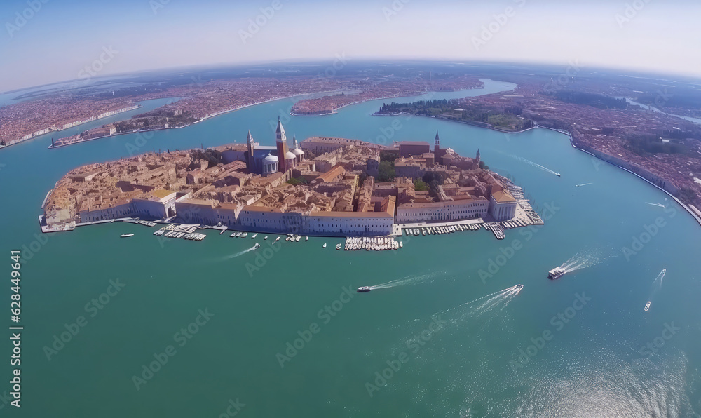 Panoramic drone view of Venice Lagoon in Italy on a sunny day. Travel photography. 
