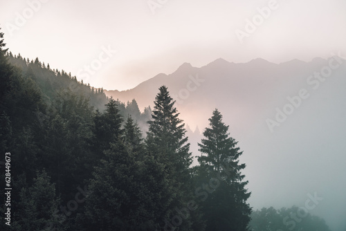 View on mountains and forest at sunrise at Geroldsee, Bavaria, Germany, Europe
