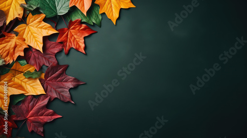 Top view dark green floor with autumn leaves place for text