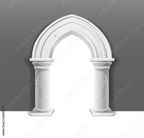 White stone antique greek arch portal on gray wall.