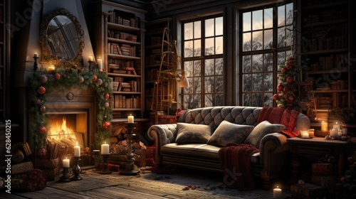 Merry Christmas happy holidays beautiful living room decorated Christmas living room, inside Magic glowing tree, gifts in the darknight, fireplaces and gifts, Modern interior living room Christmas © ND STOCK