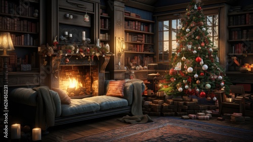Merry Christmas happy holidays beautiful living room decorated Christmas living room, inside Magic glowing tree, gifts in the darknight, fireplaces and gifts, Modern interior living room Christmas