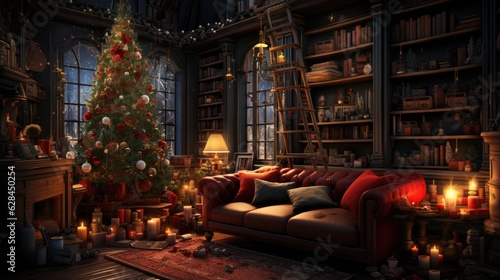 Merry Christmas happy holidays beautiful living room decorated Christmas living room, inside Magic glowing tree, gifts in the darknight, fireplaces and gifts, Modern interior living room Christmas © ND STOCK
