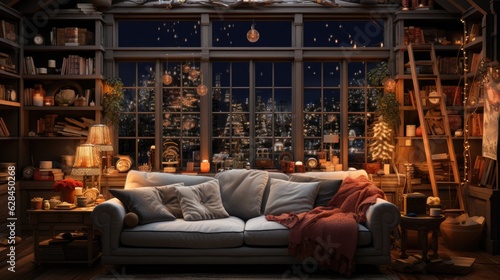 Merry Christmas happy holidays beautiful living room decorated Christmas living room  inside Magic glowing tree  gifts in the darknight  fireplaces and gifts  Modern interior living room Christmas