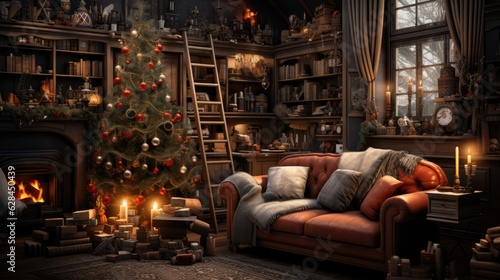 Merry Christmas happy holidays beautiful living room decorated Christmas living room  inside Magic glowing tree  gifts in the darknight  fireplaces and gifts  Modern interior living room Christmas