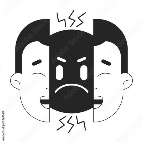 Two faced bw concept vector spot illustration. Hypocrite fake guy split face 2D cartoon flat line monochromatic character for web UI design. Bipolar disorder editable isolated outline hero image