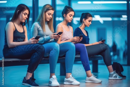 Gym Gathering: Women Sitting, Checking Phones in Indigo & Azure Setting | Social & Fitness