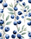 Blueberry tileable watercolor hand drawn seamless pattern created with Generative AI technology