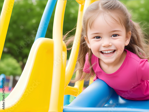 Playful Playground A close-up shot of a happy child playing on a colorful playground by ai generated  © auc