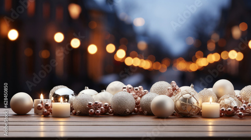 Wooden table in the foreground, colorful New Year themed backdrop in the background, blurred background