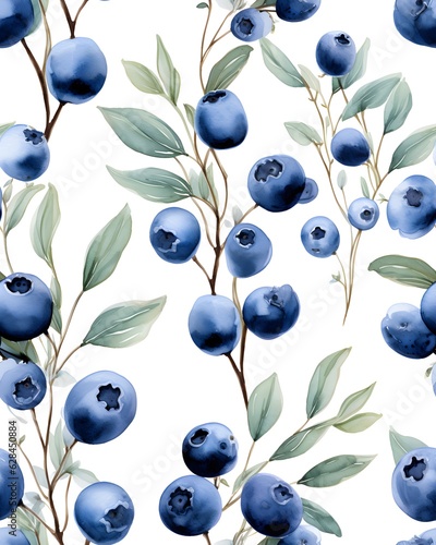 Blueberry tileable watercolor hand drawn seamless pattern created with Generative AI technology