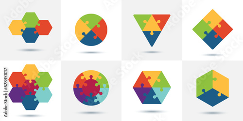 Puzzle templates set - square, round, triangular and hexagonal. Сolored connected puzzle pieces for infographics and business solutions. Free field for context. Concept of teamwork and partnership.