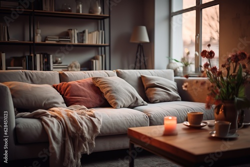 Beautiful and large living room interior with hardwood floors, fluffy rug and designer furniture,Generative AI