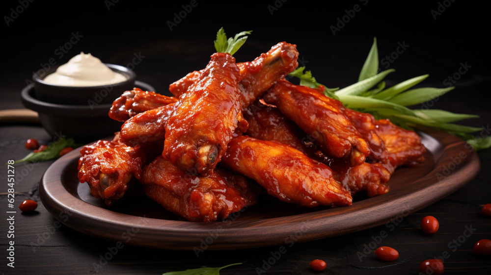 Spicy chicken wings on black background