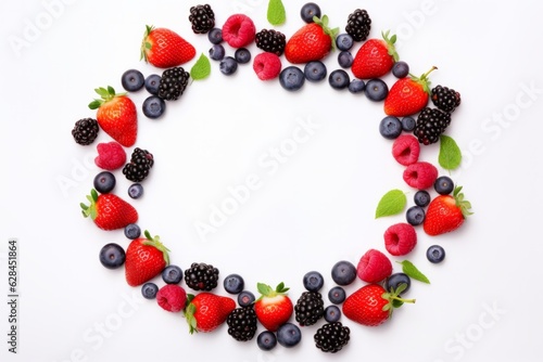 Frame of fresh berries and green leaves on white background. Top view