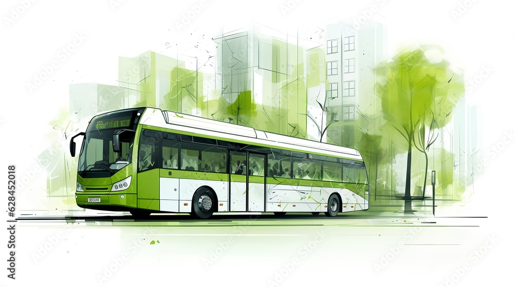 Conceptual sketch demonstrating green transportation, illustrating a city bus. Using public transport to reduce carbon emissions and contribute to environmental sustainability. Generative AI