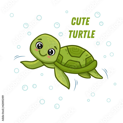 cute cartoon turtle swimming. Funny sea turtle isolated on white. Vector