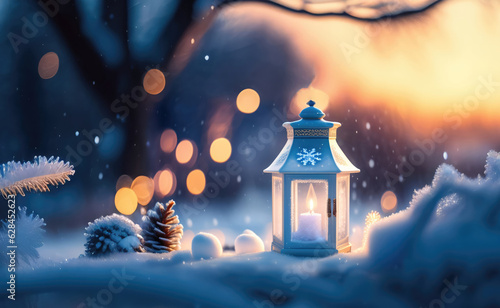 Christmas decoration with a lantern in the snow in a winter park with beautiful bokeh. AI generated.