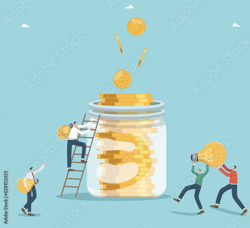 Profitability and return on investment, turn creative ideas into means of earning, teamwork and brainstorming for business prosperity, new projects for income, people carry light bulbs to jar of coins