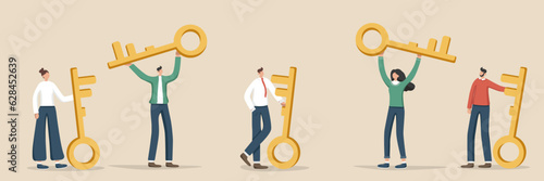 Set of illustrations of random people with golden keys. Concept of opening new opportunities and doors to business. Secret key to achieving goals, strategies and methods for greater success and wealth