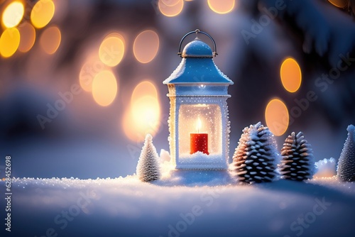 Christmas decoration with a lantern in the snow in a winter park with beautiful bokeh. AI generated. © Laura Pashkevich