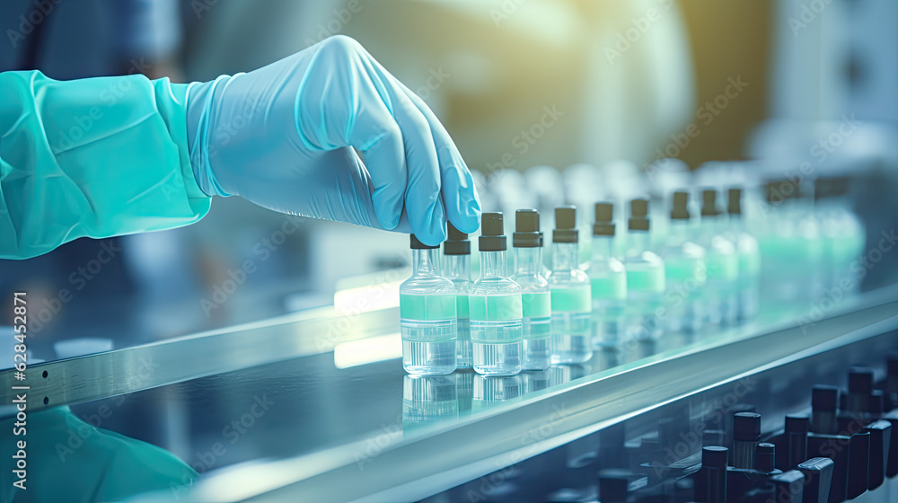 hand with sanitary gloves check Medical vials on production line at pharmaceutical factory, Pharmaceutical machine working pharmaceutical glass bottles production line, Generative Ai hand with sanitary gloves check Medical vials on production line at pharmaceutical factory, Pharmaceutical machine working pharmaceutical glass bottles production line, Generative Ai
