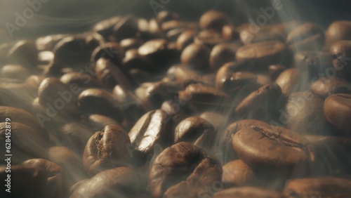 Slider shot of coffee beans during roasting. Dark roasted coffee beans with smoke. Smoke comes from fresh coffee seeds. Macro shot, 4K