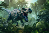 Ancient Rivals: T-Rex vs. Velociraptor in Lush Jungle