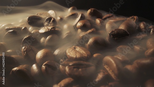 Fototapeta Naklejka Na Ścianę i Meble -  Slider shot of coffee beans during roasting. Smoke comes from fresh coffee seeds. Macro shot, 4K 2