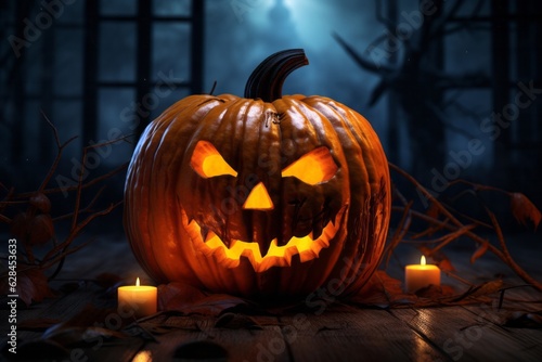 Halloween pumpkin head jack lantern on wooden background. Lit candle light. Generative AI
