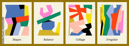 Abstract poster designs. Colorful and geometric backgrounds. Flat vector illustrations in paper cut style. Collage compositions. Organic and irregular artworks for wall art or postcard. Naive shapes.