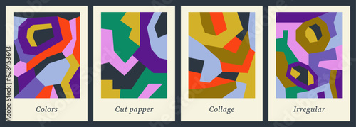 Abstract poster designs. Colorful and geometric backgrounds. Flat vector illustrations in paper cut style. Collage compositions. Organic and irregular artworks for wall art or postcard. Naive shapes.