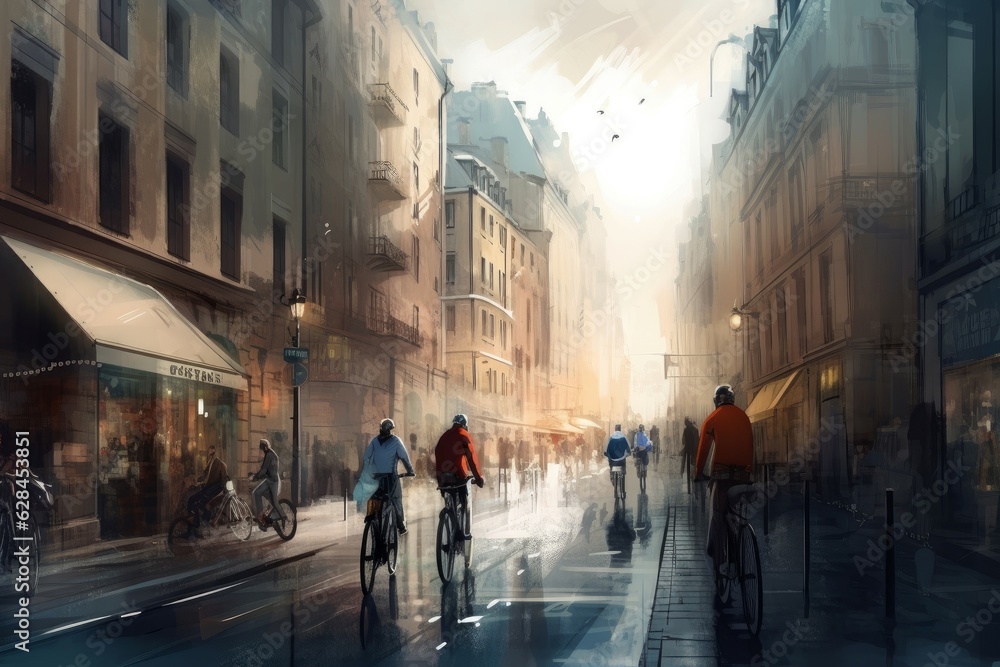 Cyclists wet street. Generate Ai