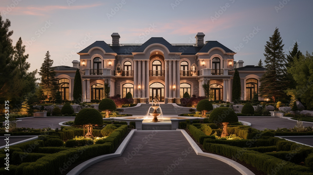 A luxurious mansion with a grand entrance, elegant columns, and a regal facade Generative AI