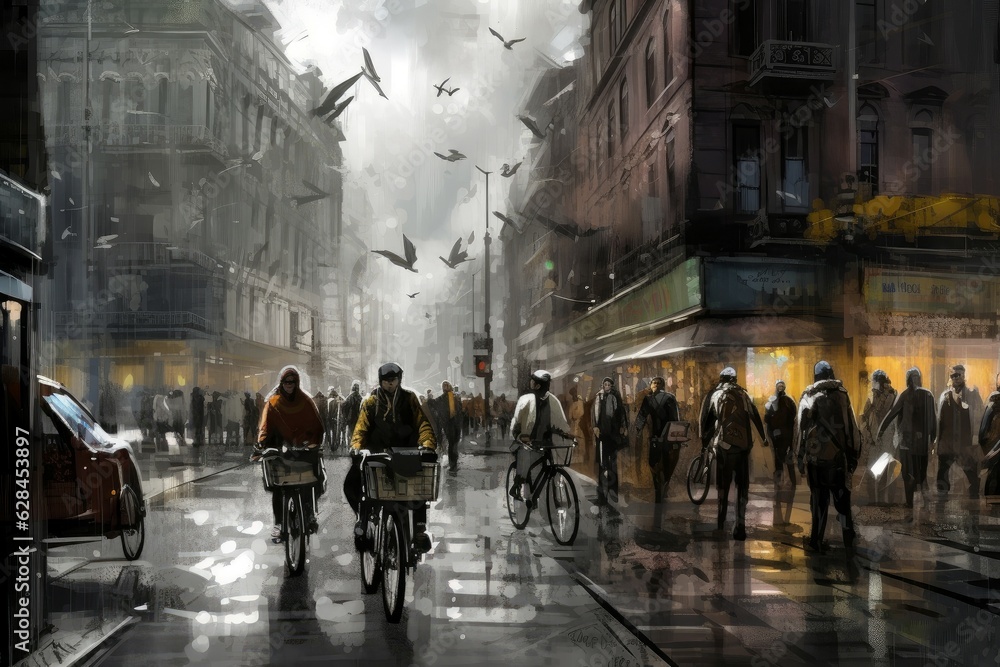 Cyclists city wet street. Generate Ai