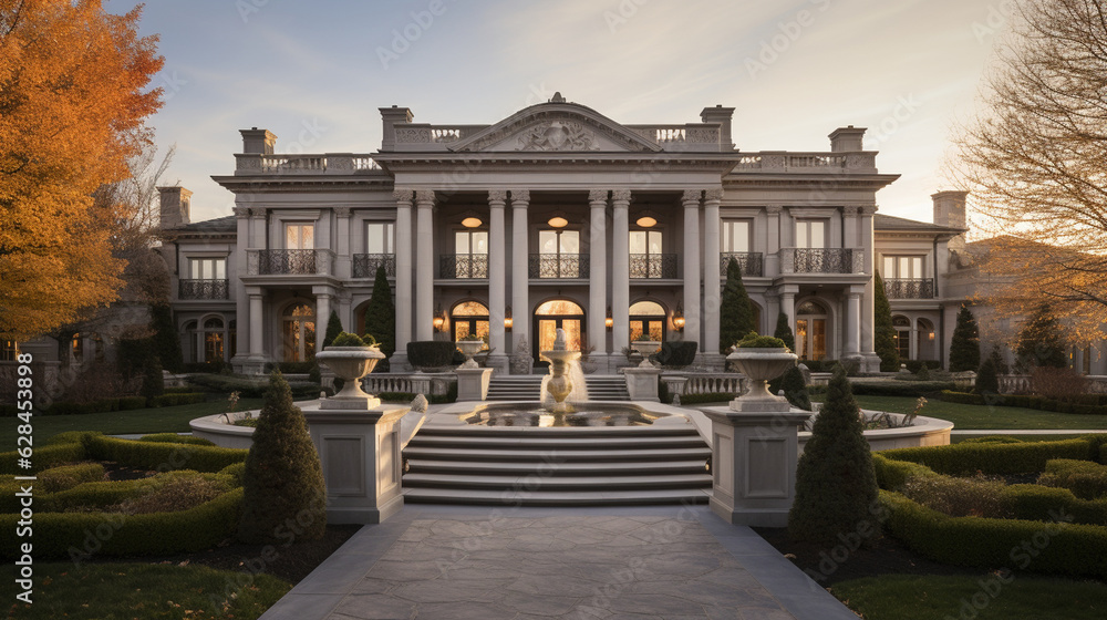 A luxurious mansion with a grand entrance, elegant columns, and a regal facade Generative AI