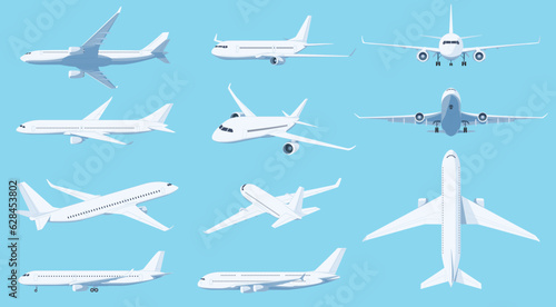 Foto Airplanes in different angles on a blue background