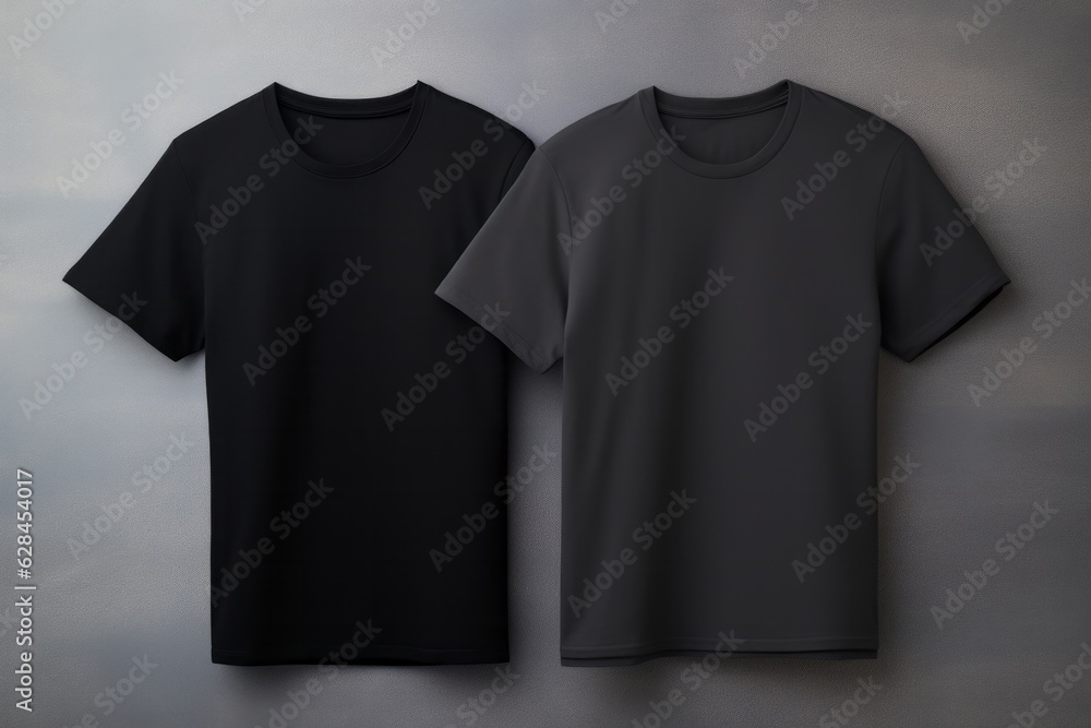 Two gray and black t-shirts with copy space on gray background Two gray and black t-shirts with copy space on gray background