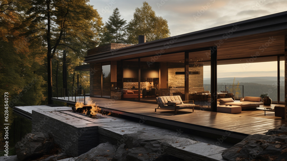 A mountain retreat with a stone and timber facade, blending seamlessly into the natural surroundings Generative AI