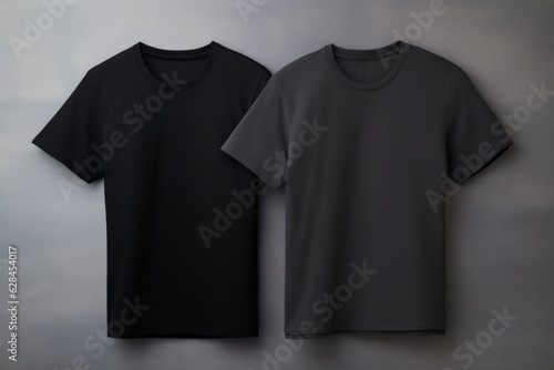 Two gray and black t-shirts with copy space on gray background