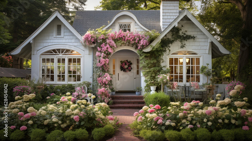 A cottage-style home with a whimsical facade  featuring flower boxes  arched windows  and a cozy charm Generative AI