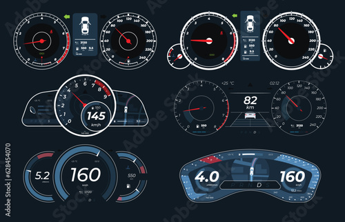 Set of different car dashboards with sensors. Measurement of car speed and engine revolutions. Vector illustration photo
