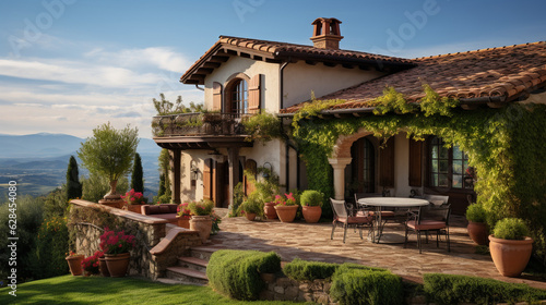 A Tuscan villa with stucco walls  terracotta roof tiles  and an inviting facade that exudes warmth Generative AI