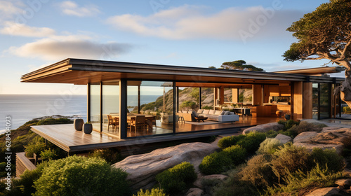 A contemporary coastal residence with a mix of wood and glass elements, embracing the views in its facade Generative AI