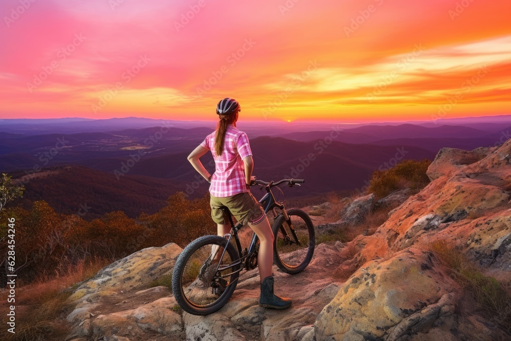 Fototapeta premium Riding into the Sunset: A Cyclist's Romance with Australian Mountains
