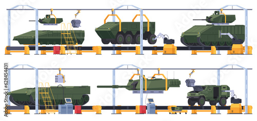 Plant for construction and repair of military armored vehicles. Military vehicle assembly line. Vector illustration